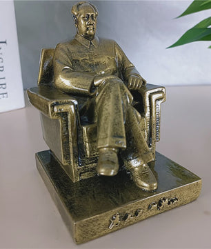 Mao Zedong Zittend Beeld - Antiek Brons & Goudkleurig - President Mao Sculptuur