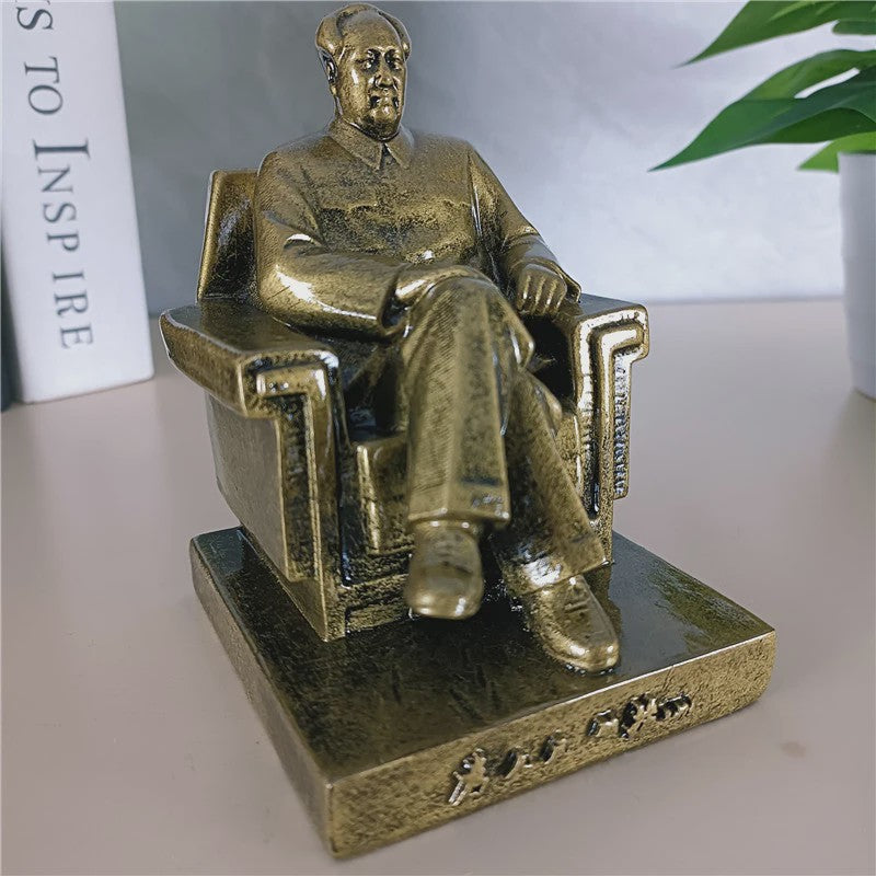 Mao Zedong Zittend Beeld - Antiek Brons & Goudkleurig - President Mao Sculptuur