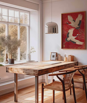 Japanse Kraanvogel Wanddecoratie - Rode en Gouden Oosterse Vogelprint