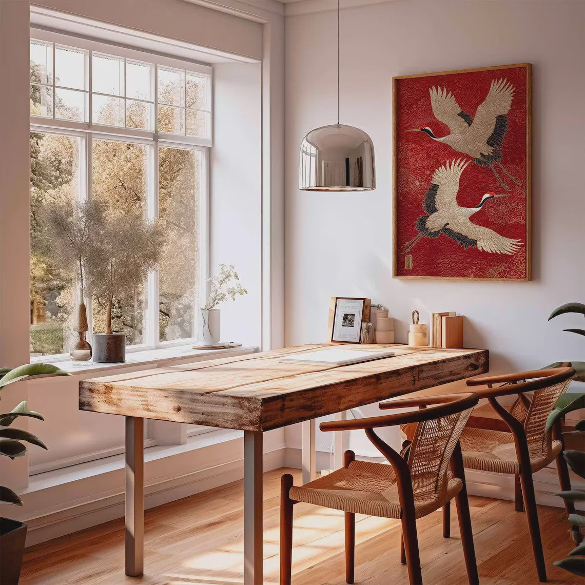Japanse Kraanvogel Wanddecoratie - Rode en Gouden Oosterse Vogelprint