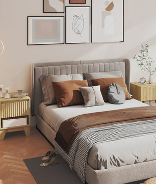 Set van 2 Smalle Nachtkastjes met Lade en Open Vak - Natuurlijk Hout-look met Gegroefde Panelen