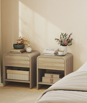 Set van 2 Scandinavische Nachtkastjes met Ronde Hoeken, Lade en Open Vak - 40x35x45 cm Naturel