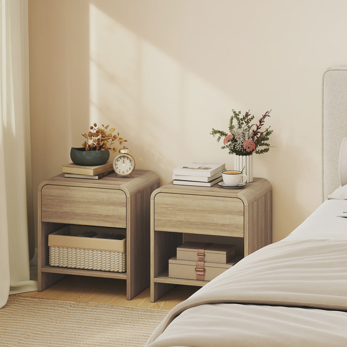 Set van 2 Scandinavische Nachtkastjes met Ronde Hoeken, Lade en Open Vak - 40x35x45 cm Naturel