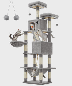 XXL Krabpaal 206 cm hoog - Grote kattenboom met 13 krabpalen, 2 holtes, hangmat & ballen