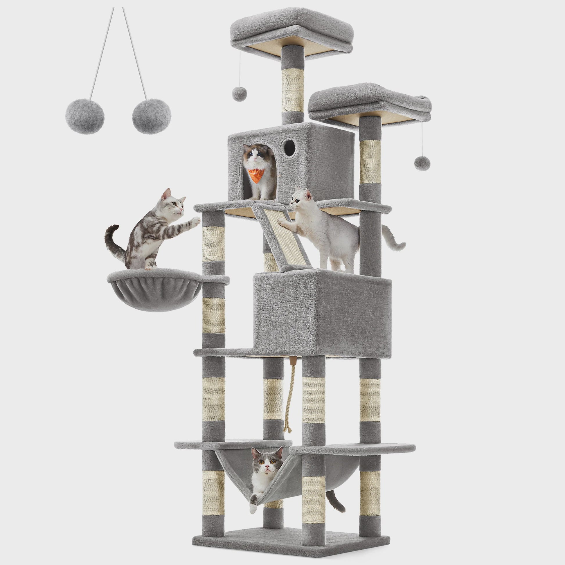 XXL Krabpaal 206 cm hoog - Grote kattenboom met 13 krabpalen, 2 holtes, hangmat & ballen
