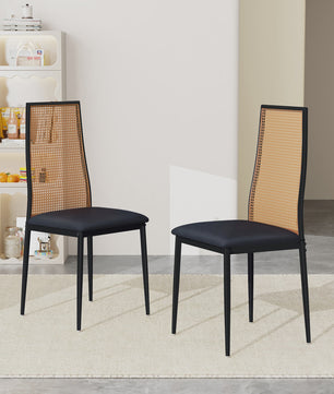 Set van 2 Eetkamerstoelen met Rotan Rugleuning - Vintage Design - Zwart/Houtkleur
