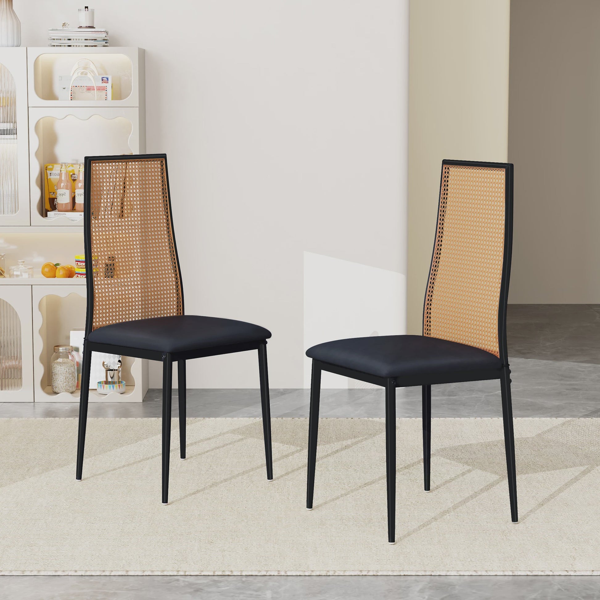 Set van 2 Eetkamerstoelen met Rotan Rugleuning - Vintage Design - Zwart/Houtkleur