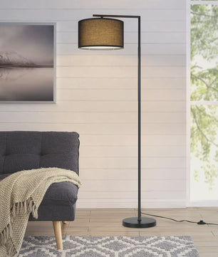 Moderne Zwarte Boog Vloerlamp met Stoffen Kap - E27 Fitting & Voetschakelaar