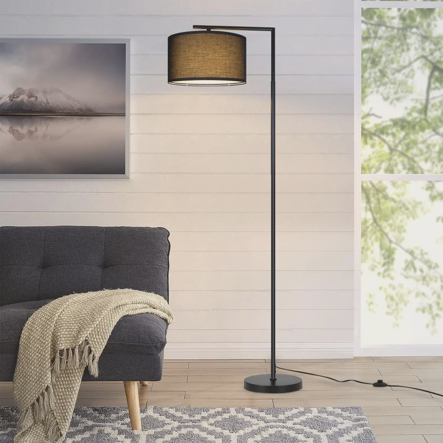 Moderne Zwarte Boog Vloerlamp met Stoffen Kap - E27 Fitting & Voetschakelaar