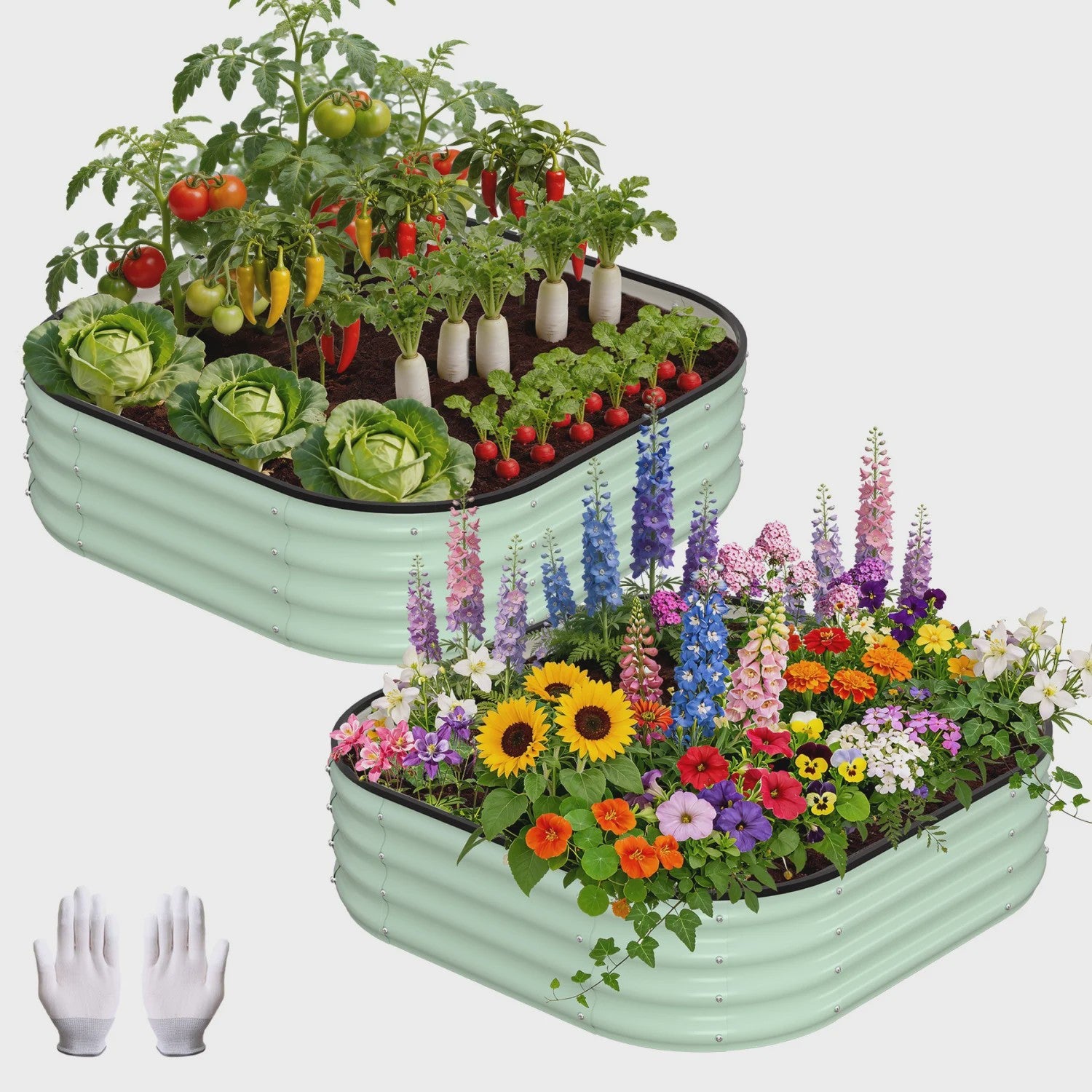 2x Verhoogde Kweekbakken 90x90x30 cm - Verzinkt Metaal, Squircle Vorm, Inclusief Handschoenen