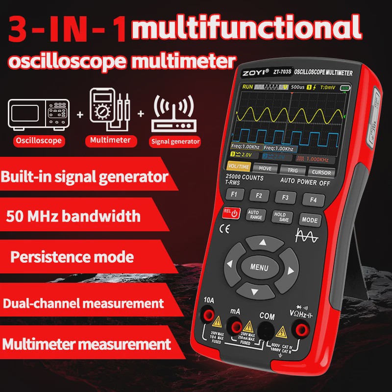 ZOYI ZT-703S: 3-in-1 Oscilloscope, Multimeter & Signaalgenerator (50MHz)
