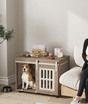 PawHut Houten Hondenkennel met Schuifdeur - Stijlvolle Hondenmand & Bijzettafel voor Middelgrote Honden - Goede Ventilatie