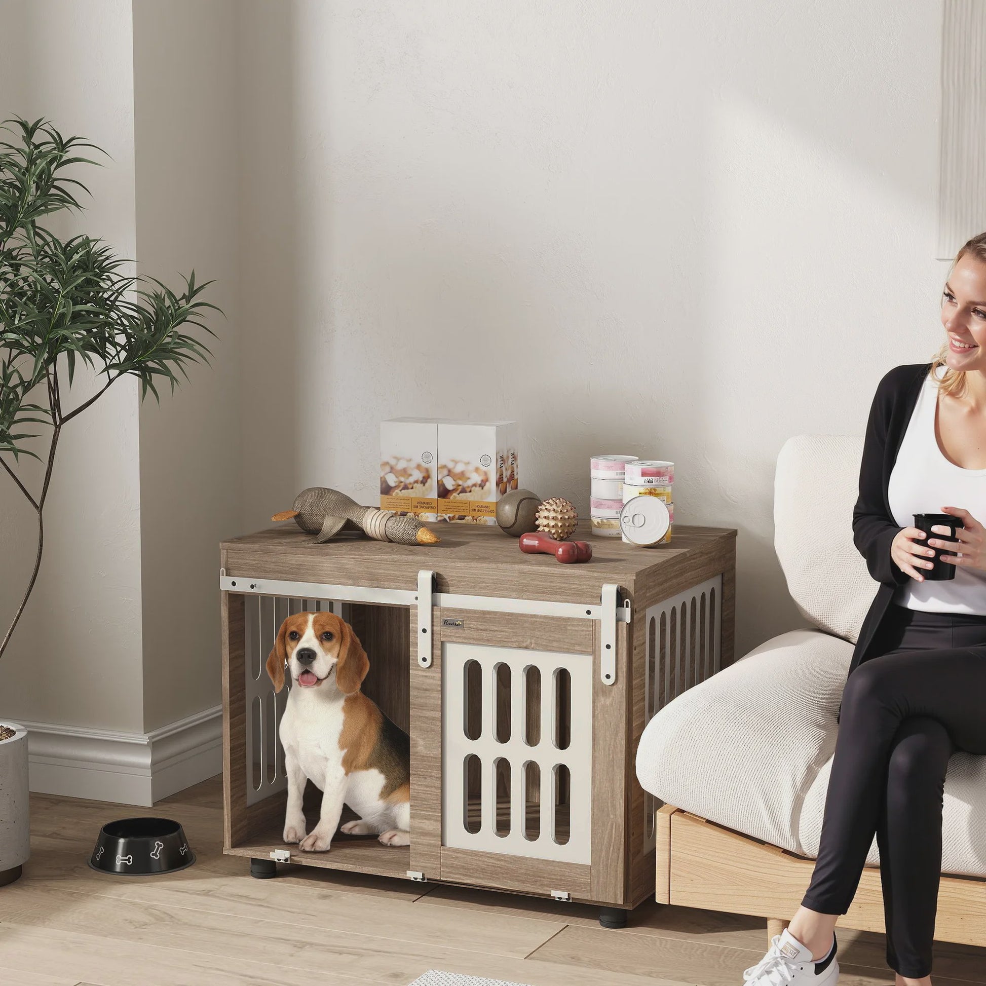 PawHut Houten Hondenkennel met Schuifdeur - Stijlvolle Hondenmand & Bijzettafel voor Middelgrote Honden - Goede Ventilatie