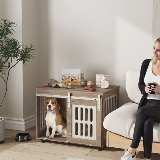 PawHut Houten Hondenkennel met Schuifdeur - Stijlvolle Hondenmand & Bijzettafel voor Middelgrote Honden - Goede Ventilatie