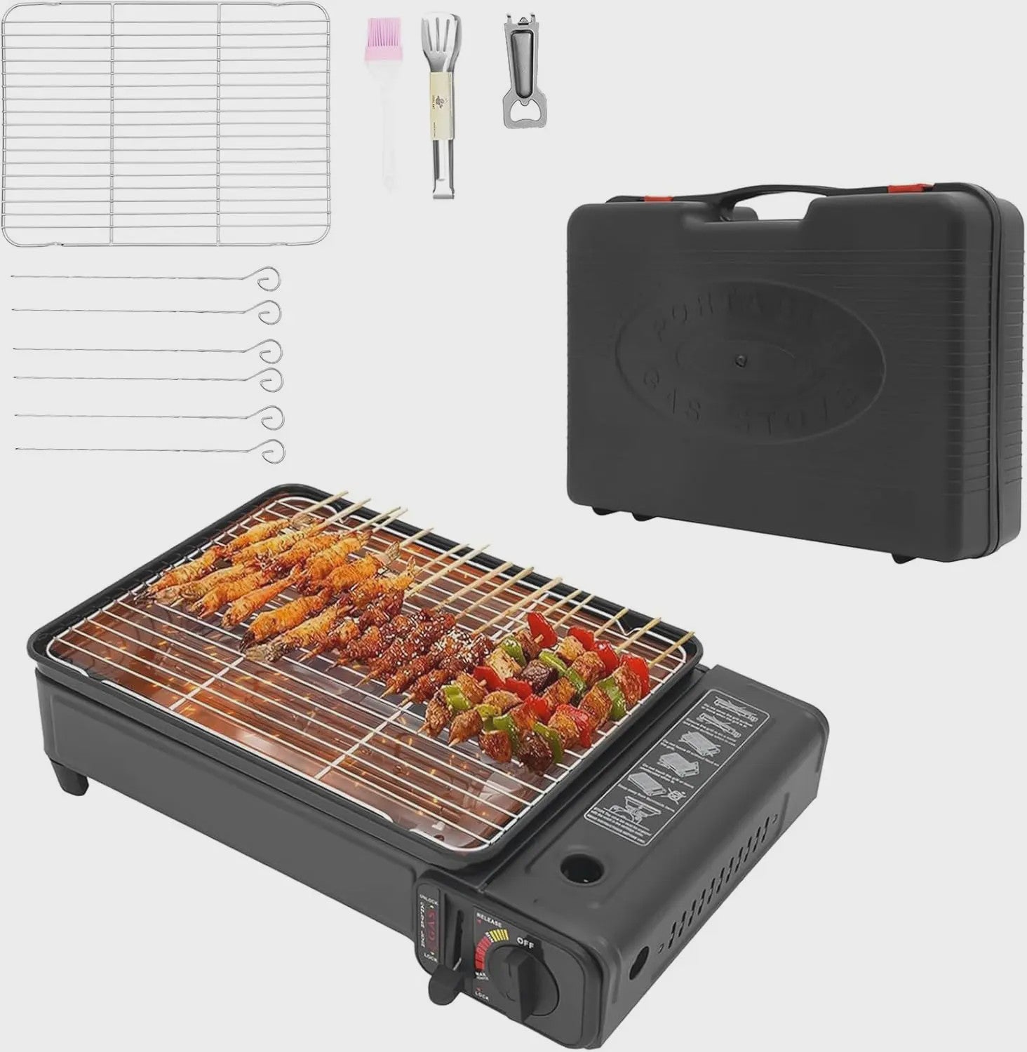 Draagbare Gas BBQ Grill & Camping Stoof met Grillnet en Draagtas