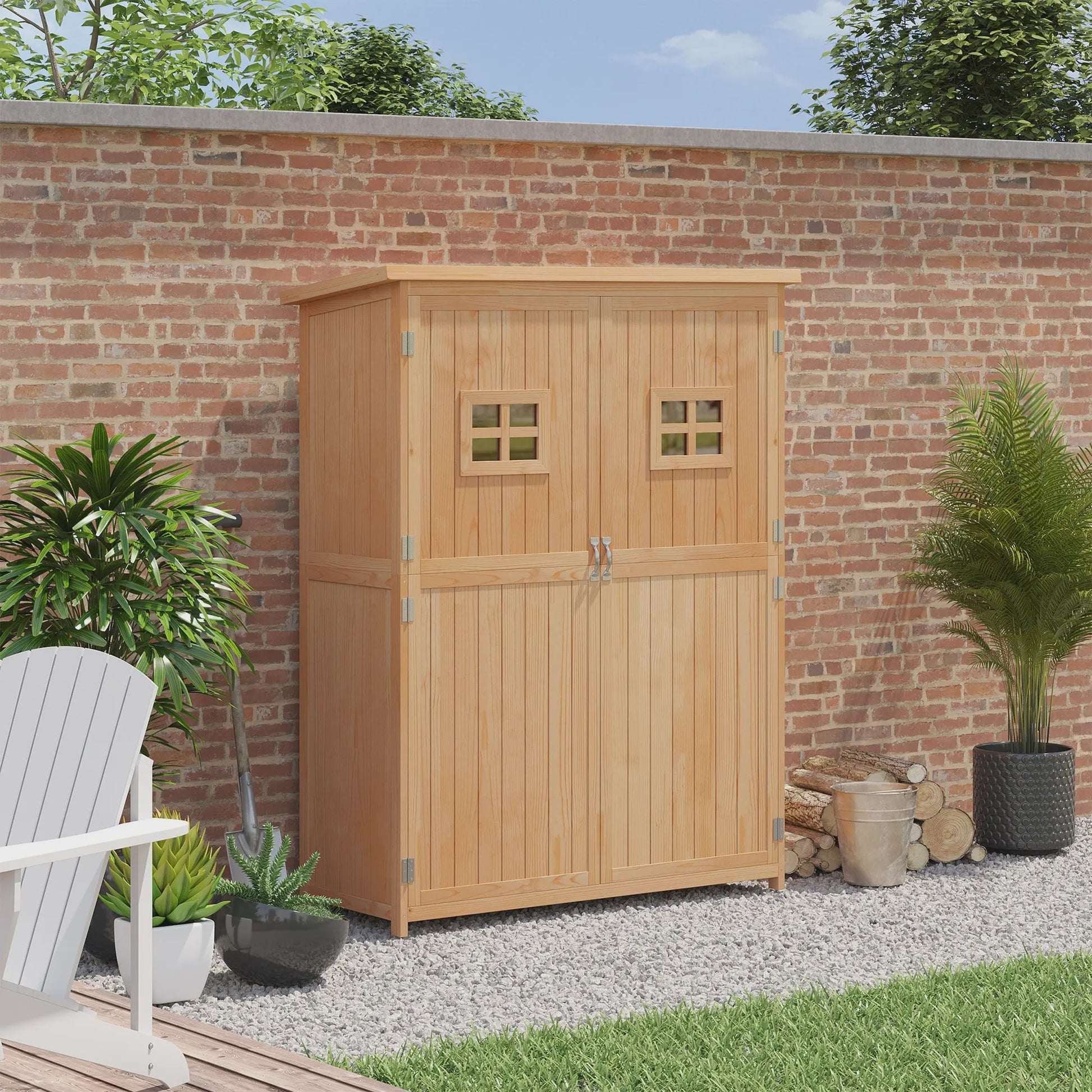 Outsunny Houten Tuin Opbergkast - Waterdicht Dak, 2 Deuren, 2 Planken