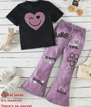 Zomerse Outfit Meisjes: Zwarte Top met Smiley Print & Paarse Flared Broek met Tekst - 2-delige Set