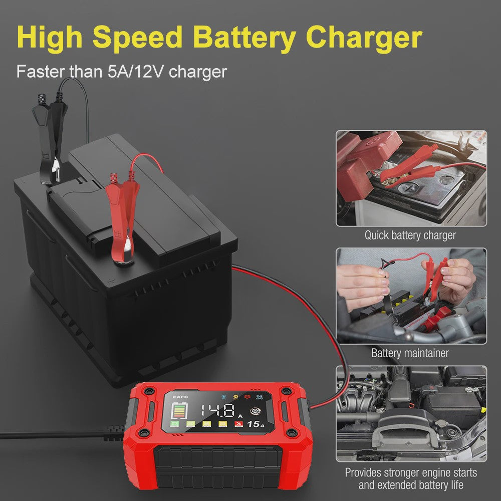 Slimme Acculader 12V 15A met LCD Display en Pulsreparatie voor Auto, Motor, SUV
