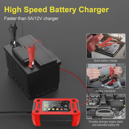 Slimme Acculader 12V 15A met LCD Display en Pulsreparatie voor Auto, Motor, SUV