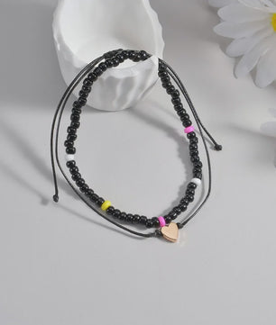 Set van 2 Verstelbare Anklets met Hartje en Zwarte Kralen - Waterdicht