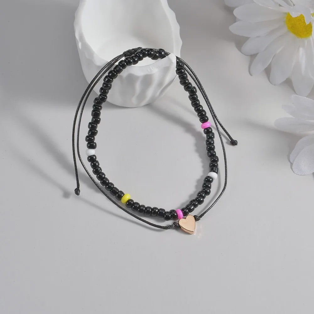 Set van 2 Verstelbare Anklets met Hartje en Zwarte Kralen - Waterdicht
