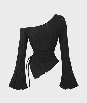 Dames Off-Shoulder T-shirt met Trompetmouwen en Asymmetrische Pasvorm