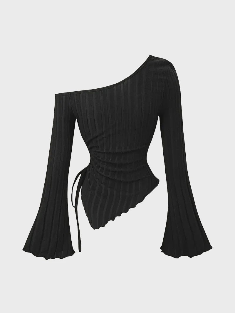 Dames Off-Shoulder T-shirt met Trompetmouwen en Asymmetrische Pasvorm