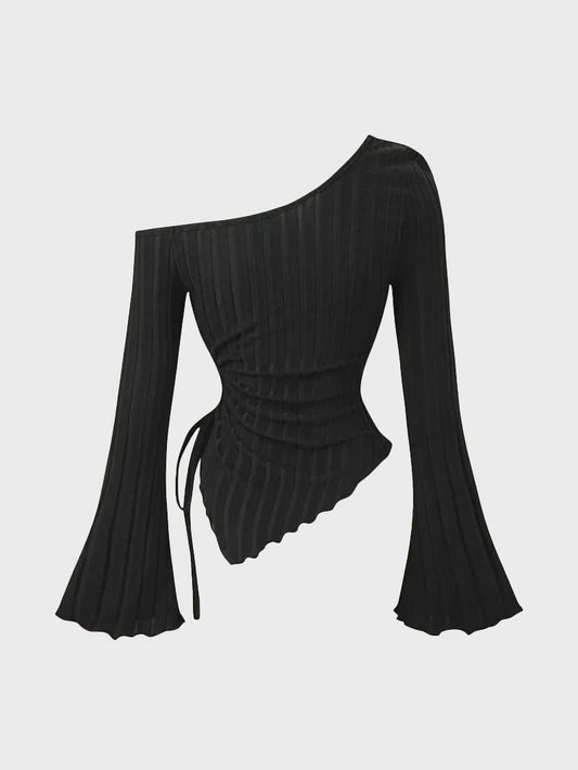 Dames Off-Shoulder T-shirt met Trompetmouwen en Asymmetrische Pasvorm