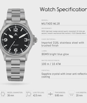 Militado ML18 Herenhorloge - 36mm, Sweep Second Quartz, Saffierglas, 100M Waterdicht