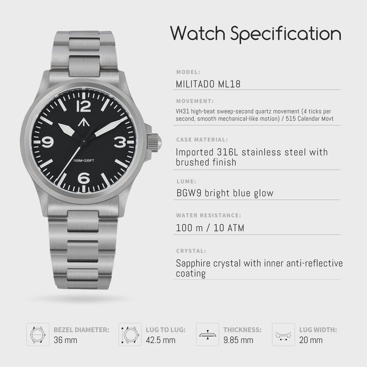 Militado ML18 Herenhorloge - 36mm, Sweep Second Quartz, Saffierglas, 100M Waterdicht