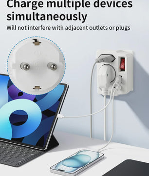 Universele Wandcontactdoos Adapter met Schakelaar, 2x USB-A, 1x USB-C & 3x Schuko Stopcontact