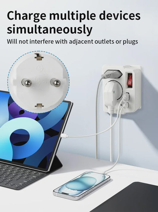 Universele Wandcontactdoos Adapter met Schakelaar, 2x USB-A, 1x USB-C & 3x Schuko Stopcontact