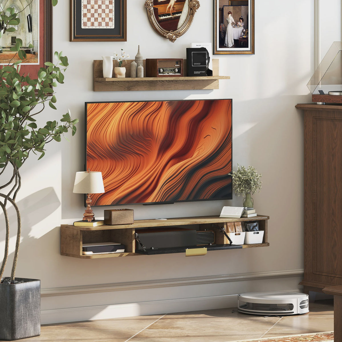 Zwevende TV Meubel met Wandrek in Eikenlook - 120 cm Breed
