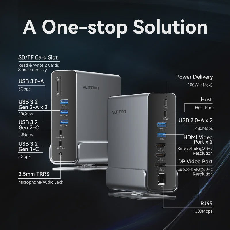 Vention 15-in-1 USB-C Docking Station: Triple Monitor 4K@60Hz, 100W PD, USB 3.2 Hub