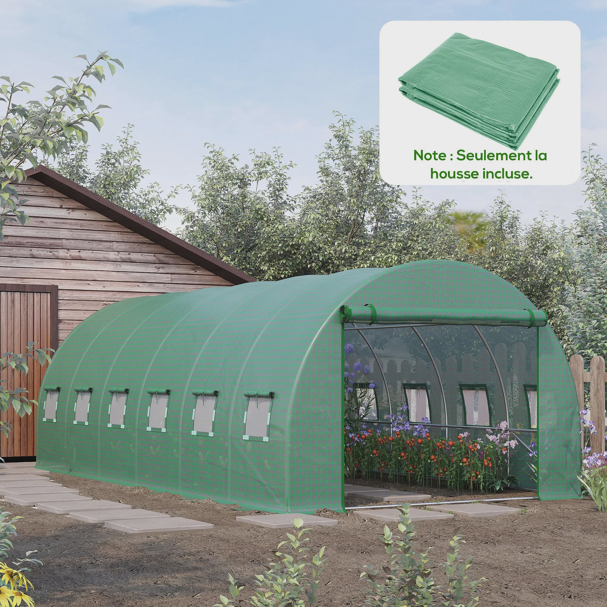 Outsunny Tunnelkas Hoes 6x3x2m - UV-bestendig, Waterdicht met 12 Ramen & Roldeur