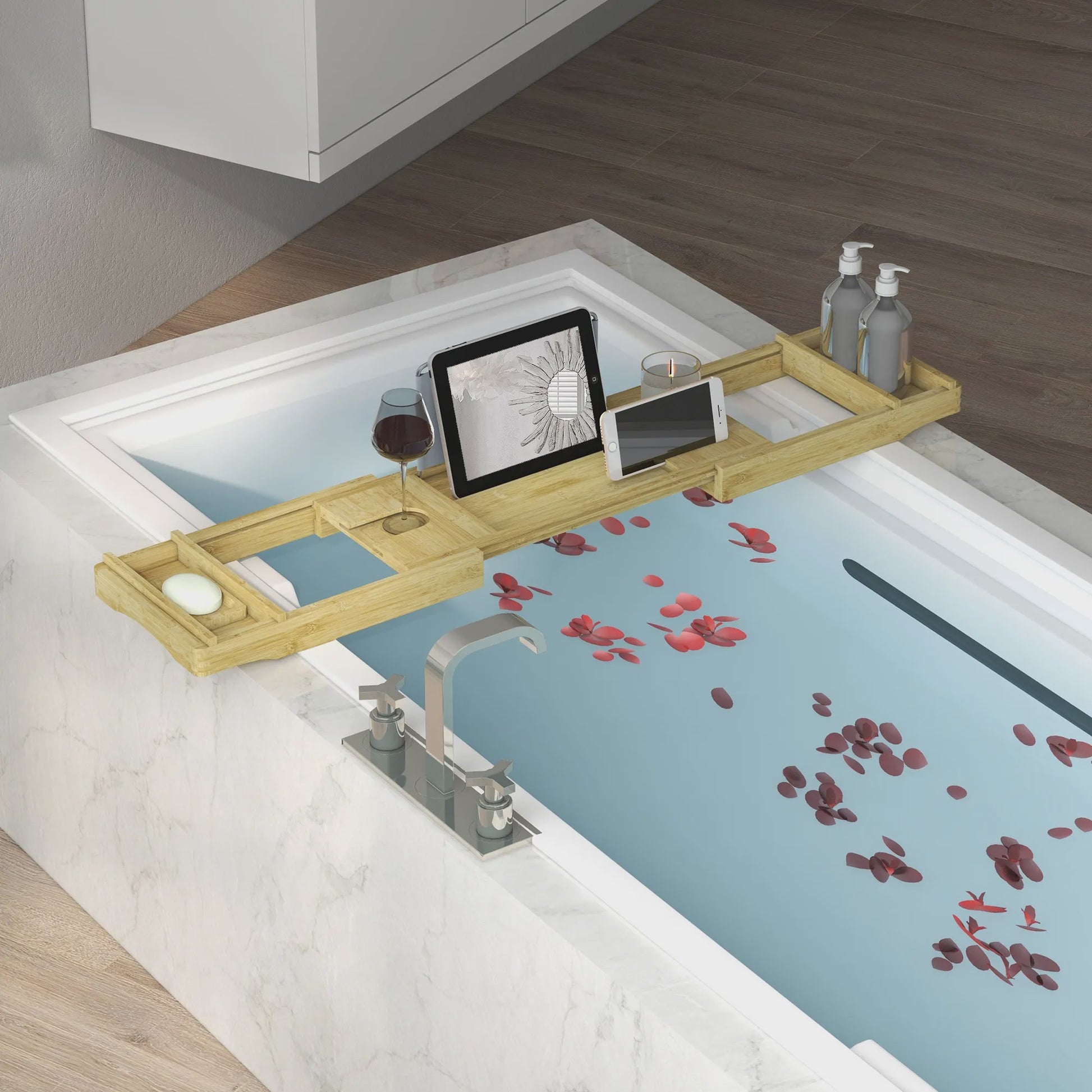 Luxe Bamboe Badplank - Uitschuifbaar met Beker- en Zeep-houder (75-109 cm)
