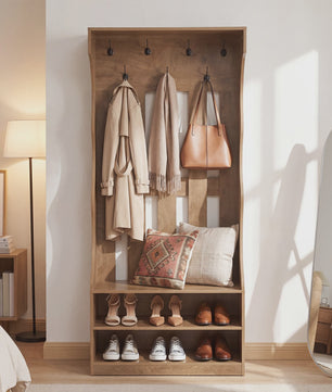3-in-1 Halmeubel met Schoenenbank en Kapstok - Boerderijstijl Entree Organizer - 180cm Hoog - Bruin
