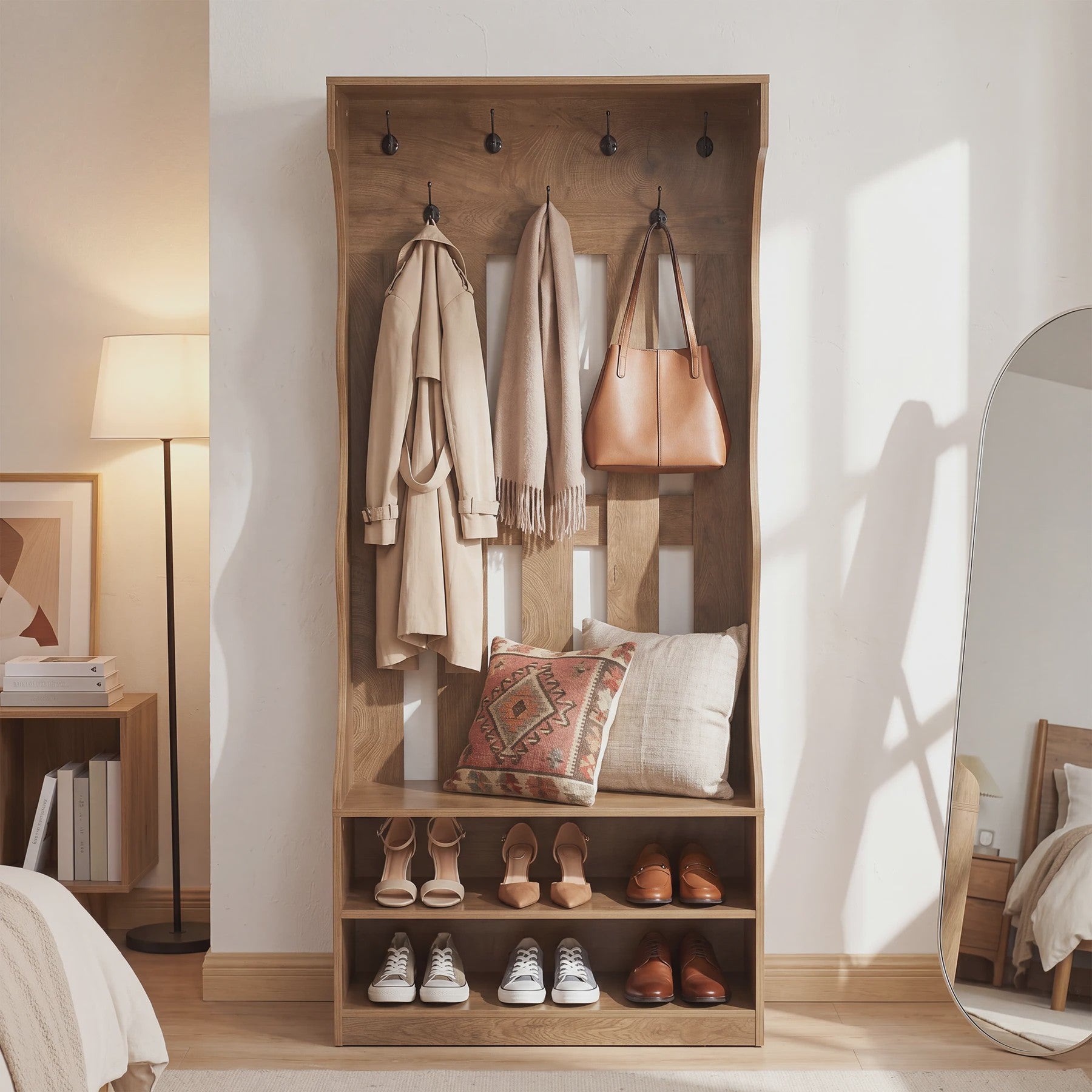 3-in-1 Halmeubel met Schoenenbank en Kapstok - Boerderijstijl Entree Organizer - 180cm Hoog - Bruin