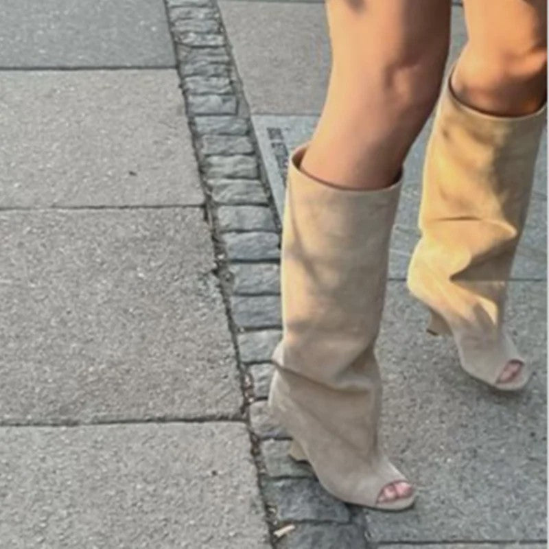 Zomer Peep Toe Laarzen met Hoge Blokhak - Elegante Lange Laarzen voor Dames