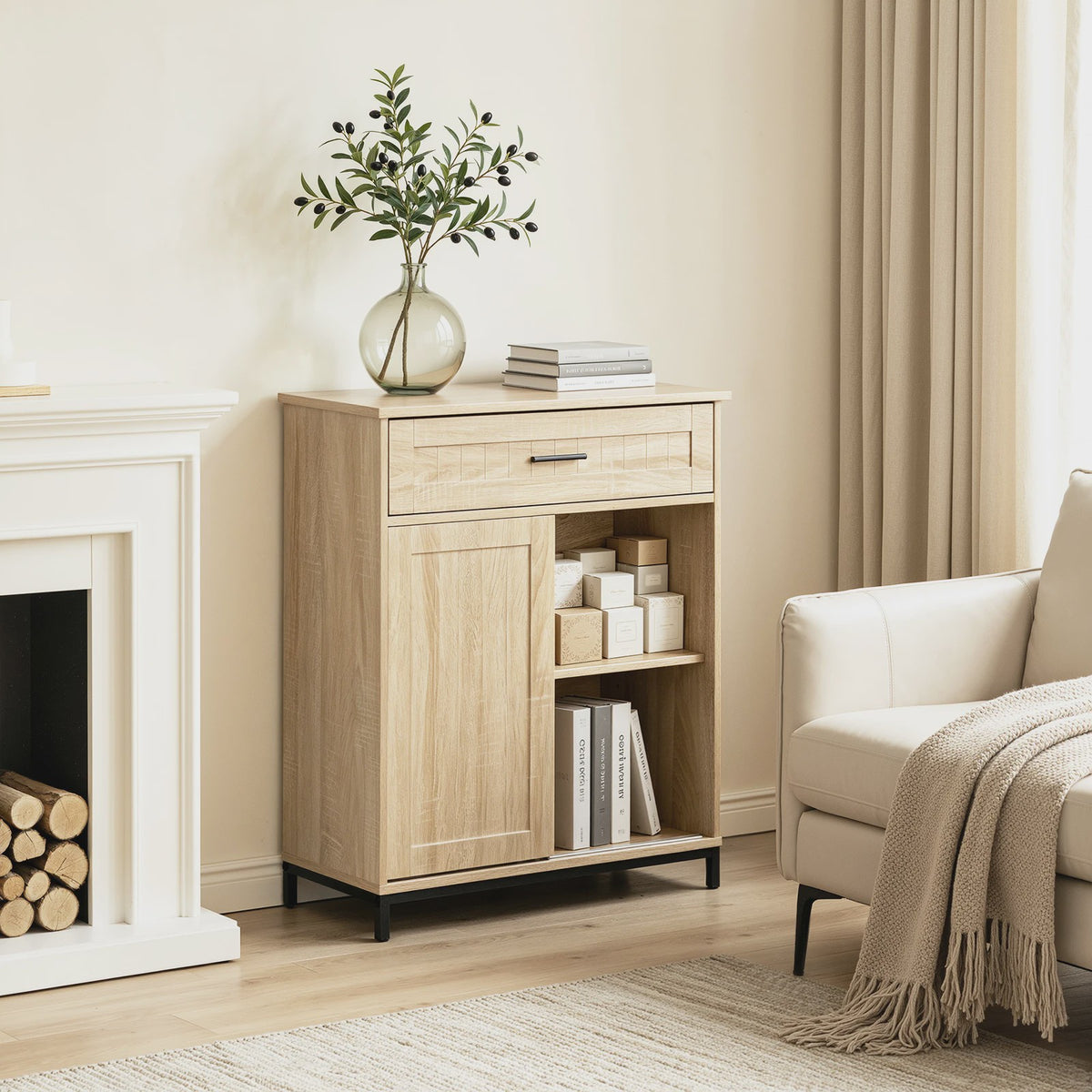 Wit Keuken Sideboard met Schuifdeur, Lades en Verstelbare Planken - Multifunctioneel Meubelstuk