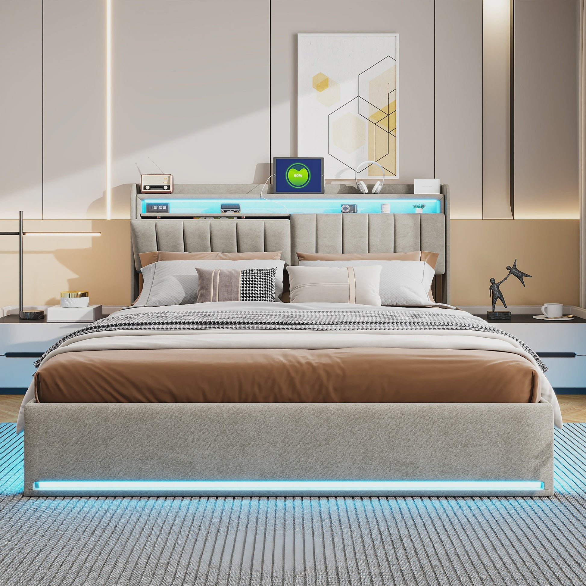 Luxe Gestoffeerd 140x200cm Bed met LED, USB & Hydraulische Opbergruimte