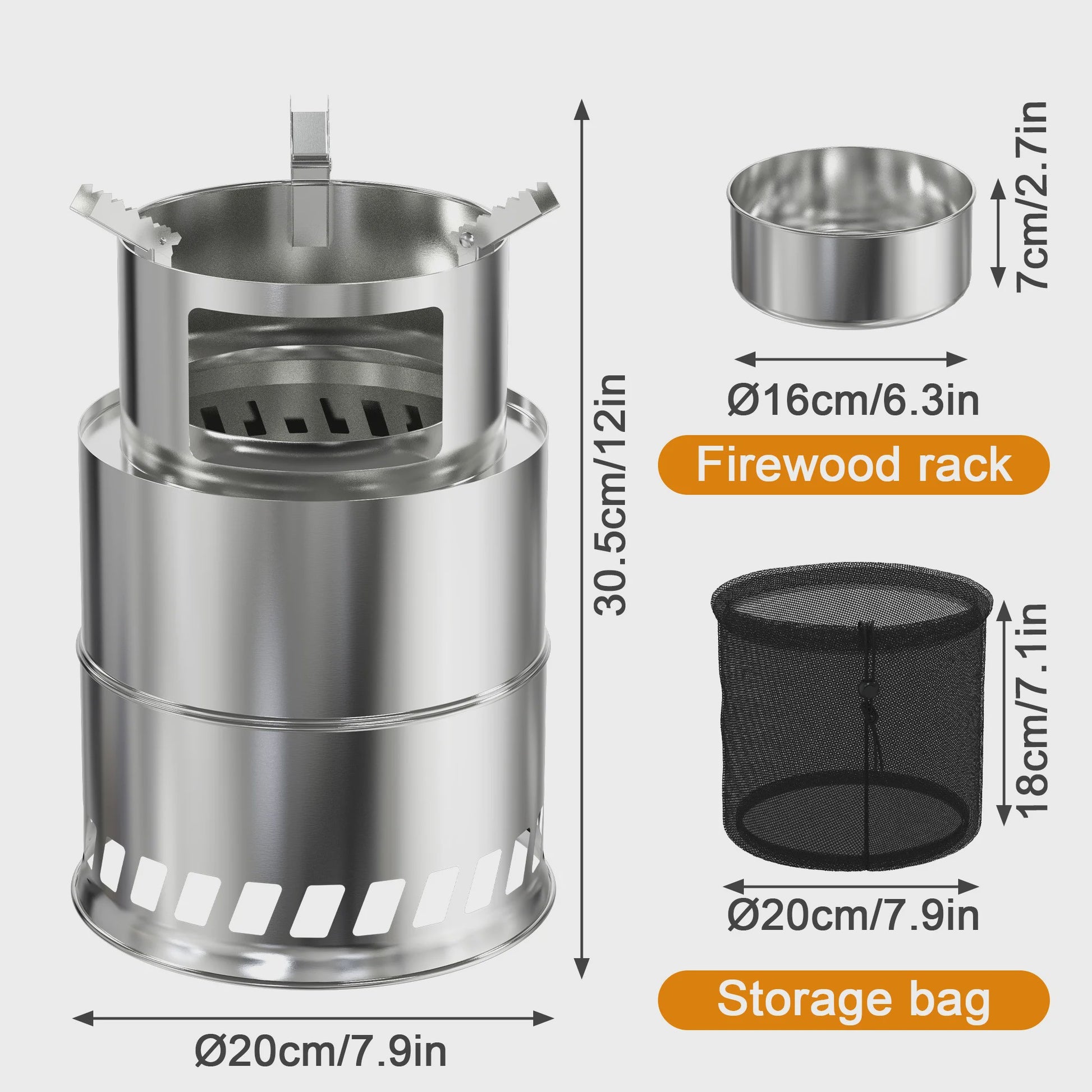 Draagbare RVS Rocket Stove Camping Houtkachel - 20cm, Ideaal voor Buiten Koken, BBQ & Picknicks