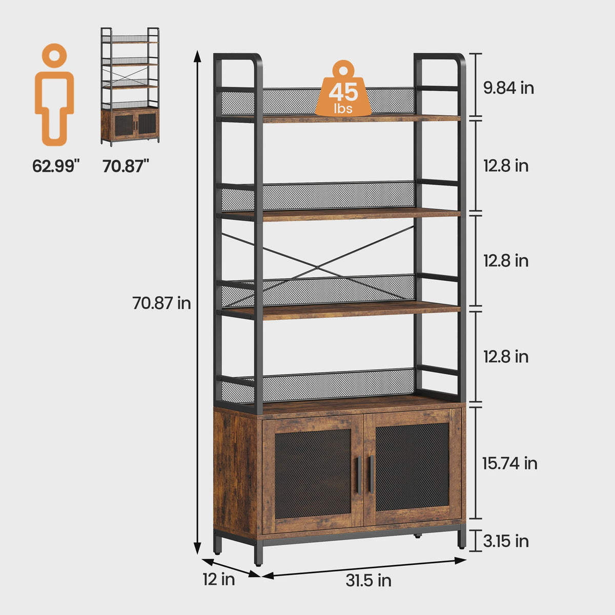 Industriële Boekenkast met Kast, 180 cm Hoog Open Boekenkast met Gaasdeuren