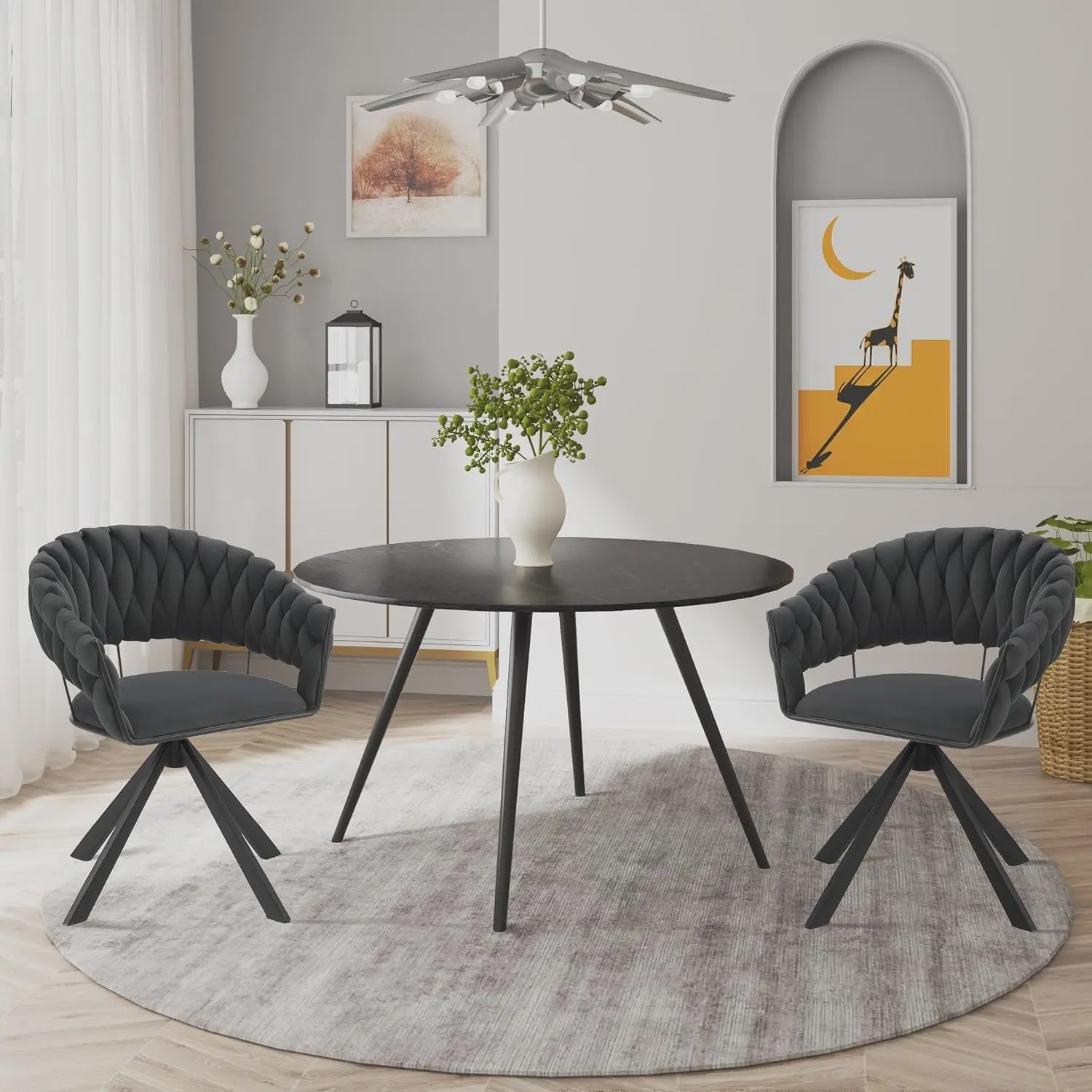 Set van 2 fluwelen draaistoelen 360° met geweven rugleuning en metalen poten