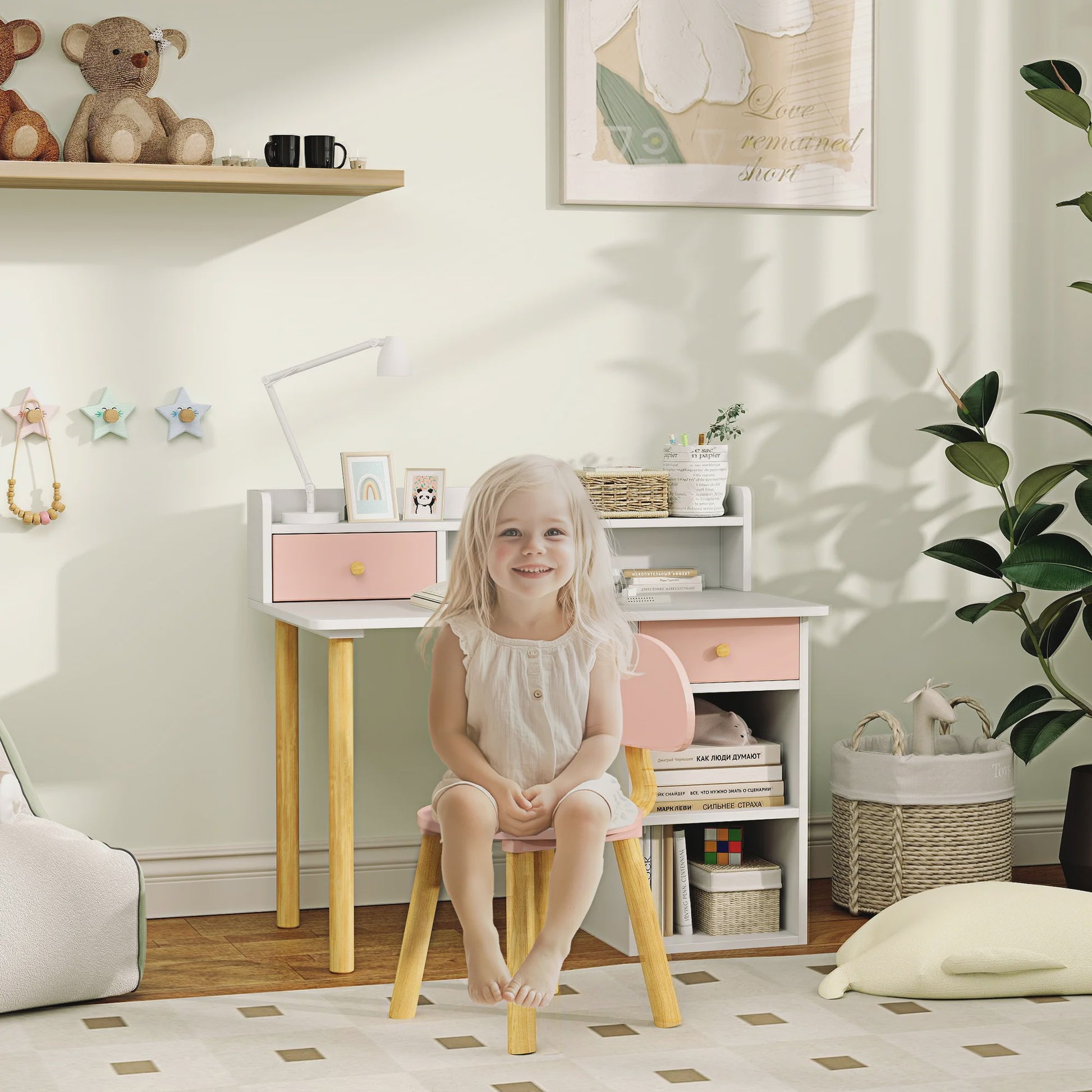 Kinderbureau met Stoel - Roze & Wit Bureau met Lades, Vakken en Planken - Ideaal voor Kinderkamer