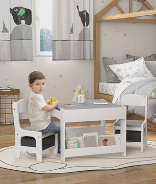 HOMCOM Kinder Tafel en Stoelen Set: 3 Delig met Opbergruimte en Omkeerbaar Zwart Blad