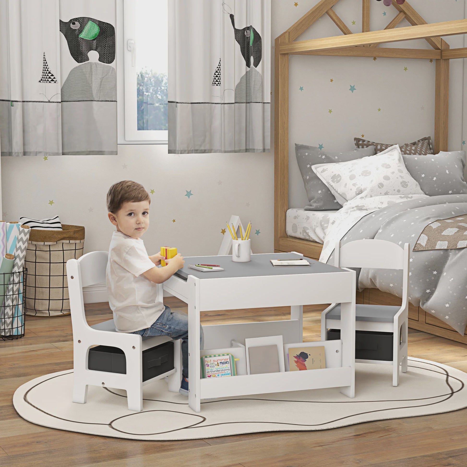 HOMCOM Kinder Tafel en Stoelen Set: 3 Delig met Opbergruimte en Omkeerbaar Zwart Blad