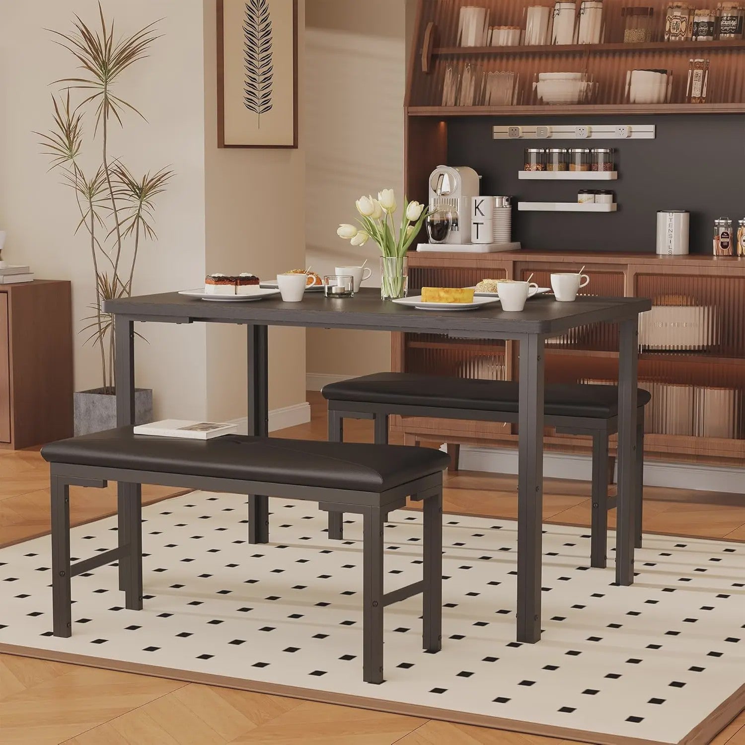 Compacte Eetkamer Set: Tafel met 2 Gestoffeerde Bankjes voor 4 Personen