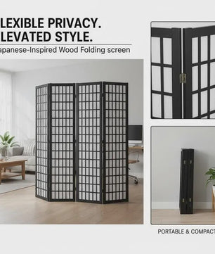 Zwart Houten Kamerscherm met 4 Panel - Japans Design & Ruimteverdeler