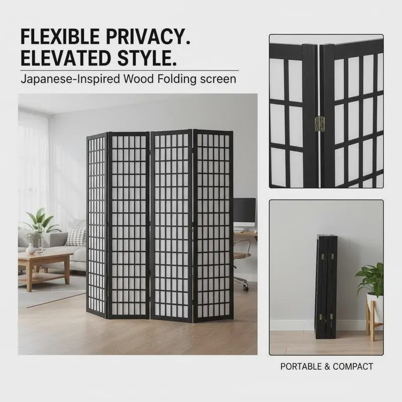Zwart Houten Kamerscherm met 4 Panel - Japans Design & Ruimteverdeler